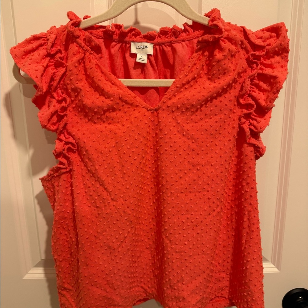 J. Crew Women's Vibrant Coral Ruffle Blouse Swiss dot